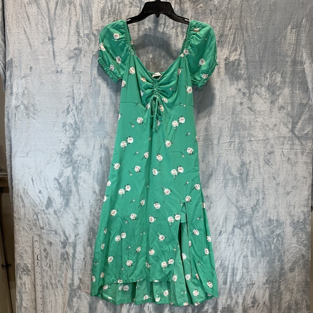 Hollister Women's Dress Midi S‎ Green Floral Milkmaid Smocked Hi Lo Hem Y2K